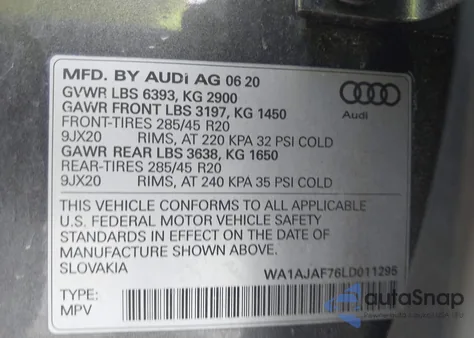 2020 Audi Q7 Premium 45 Tfsi Quattro Tiptronic from USA, damaged, VIN WA1AJAF76LD011295
